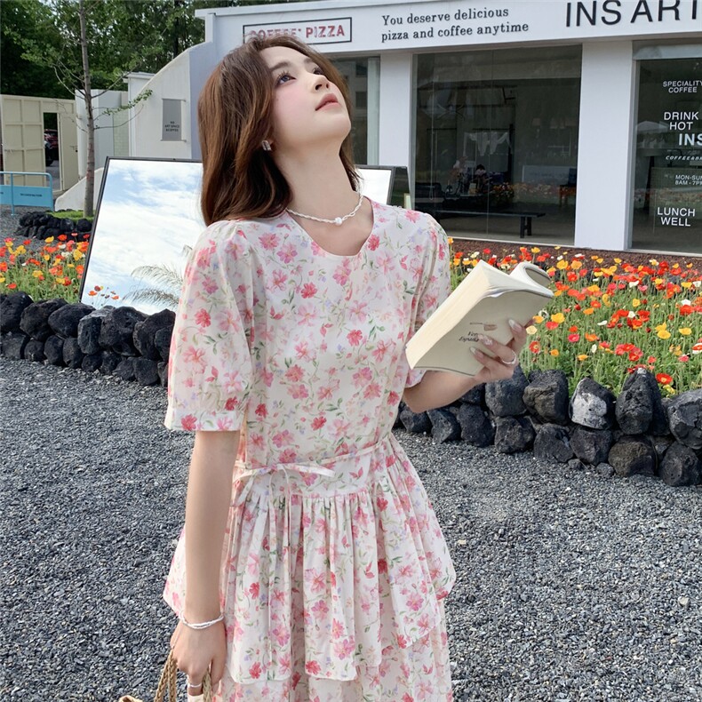 粉色泡泡袖碎花连衣裙女2025年夏季新款韩系甜美宽松小个子娃娃裙,女装连衣裙,2C220