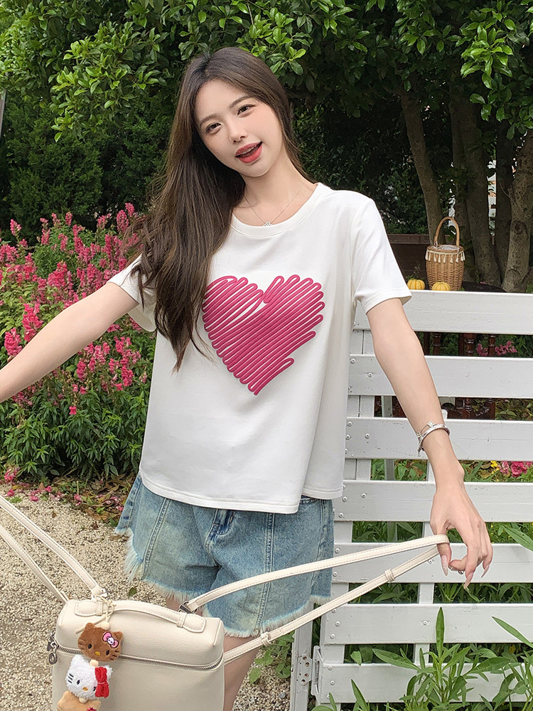 专柜撤回正品女装剪标清仓一线品牌绿色爱心印花短袖正肩t恤潮ins，女装T恤，鑫慧