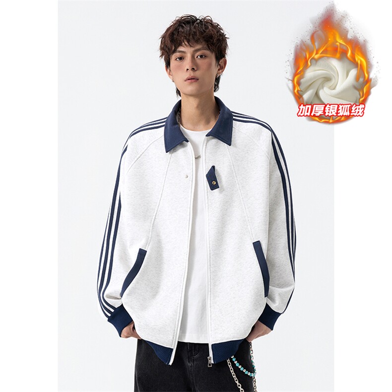 银狐绒500g重磅华棉三条杠宽松卫衣外套男W5089J加绒-特P55控108，男装卫衣，电商A001-1