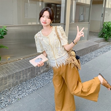 今年流行的休闲套装裤女夏2025新款超洋气欧货小香风阔腿裤两件套，女装套装/套裙，维壹