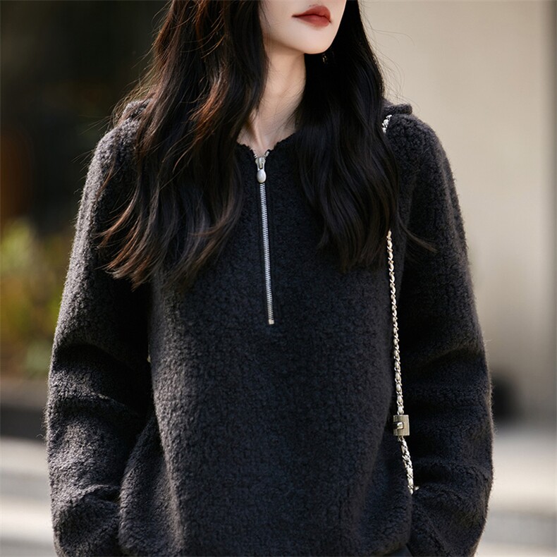 高端轻奢澳毛卫衣女100美丽诺羊毛颗粒拉链连帽羊毛针织保暖外套,针织衫/毛衣,片语羊绒