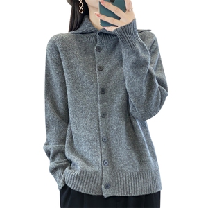 高翻领加厚100%纯羊毛开衫女宽松慵懒风羊绒衫长袖针织衫外套毛衣图片