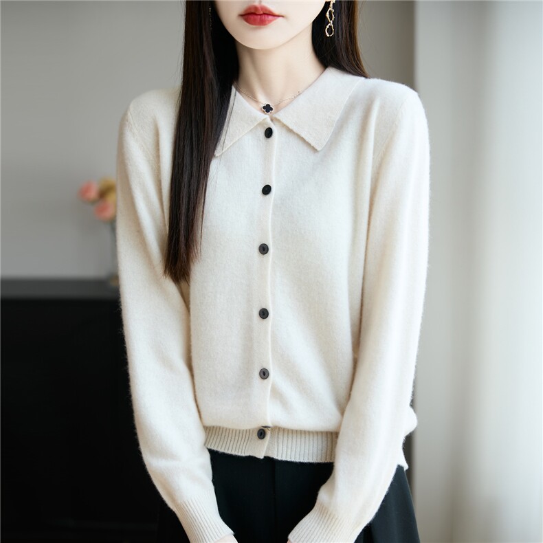 秋冬款POLO领纯羊毛开衫女衬衣宽松显瘦亲肤软糯针织羊绒外套上衣图片