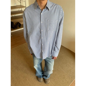 CSD88LL-P48美式复古蓝白格子衬衫男设计感小众长袖衬衣