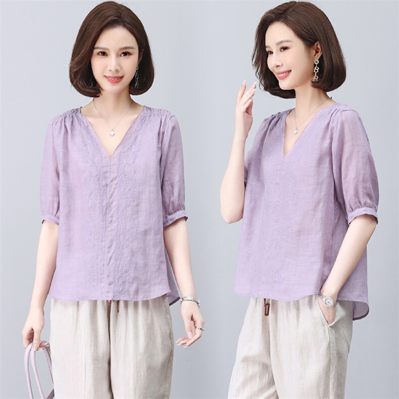 宽松大码显瘦v领刺绣洋气棉麻女装复古原创，女装T恤，江忆布依