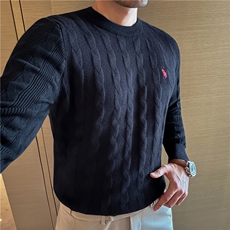 老钱风羊毛麻花条针织衫男小战马刺绣圆领毛衣宝蓝色M8528-P78，男装针织衫/毛衣，电商A213