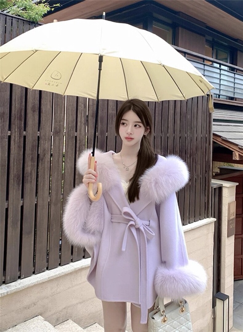 【依嘟】气质大衣真狐狸毛领+羊毛大衣斗篷冬季保暖羊毛外套,女装双面呢大衣,依嘟服饰