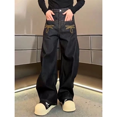 2026春季新款美式刺绣丹宁原牛baggy弯刀牛仔裤宽松阔腿长裤男女，男装牛仔裤，四季星座505