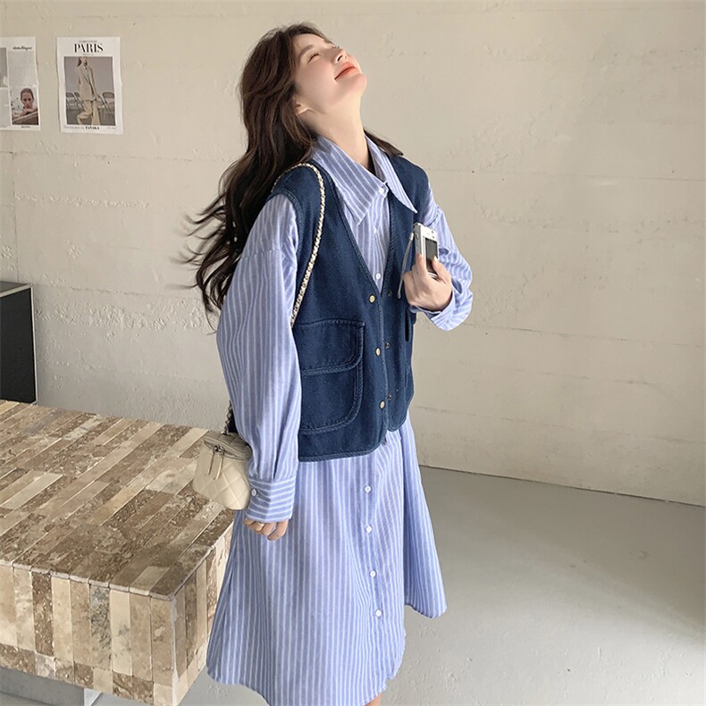 现货牛仔马甲+条纹衬衫收腰裙两件套2C206-L158-P165-K228,女装套装/套裙,2C206