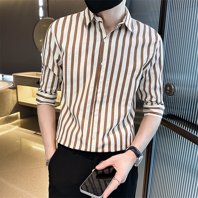 夏季男士七分袖印花衬衫男休闲修身条纹衬衣A236-A41-P55,男装衬衫,电商A236