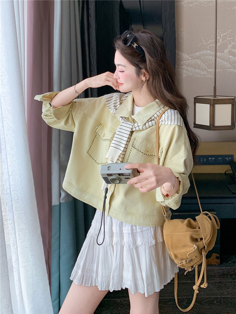2B081-7706-p160-K238韩系条纹针织披肩长袖牛仔上衣2026春季新款,女装短外套,韩蜜菓
