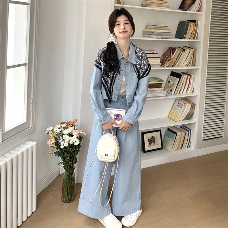 水洗牛仔上衣+阔腿牛仔裤配丝巾三件套2C050-1239-P195-K288,女装套装/套裙,2C050
