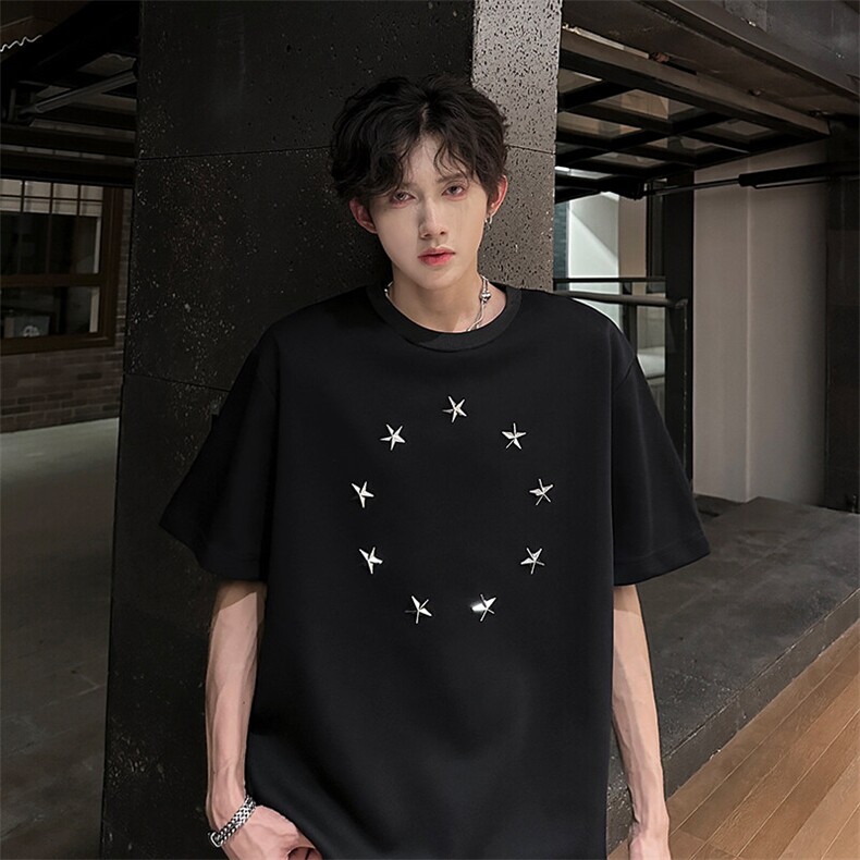 重磅垫肩圆领夏季小众T恤美式金属装饰星星短袖920P40,男装T恤,电商A458A