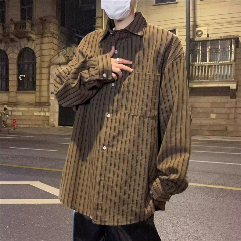 387港风复古条纹夹克男韩版潮流青少年百搭休闲宽松上衣外套图片