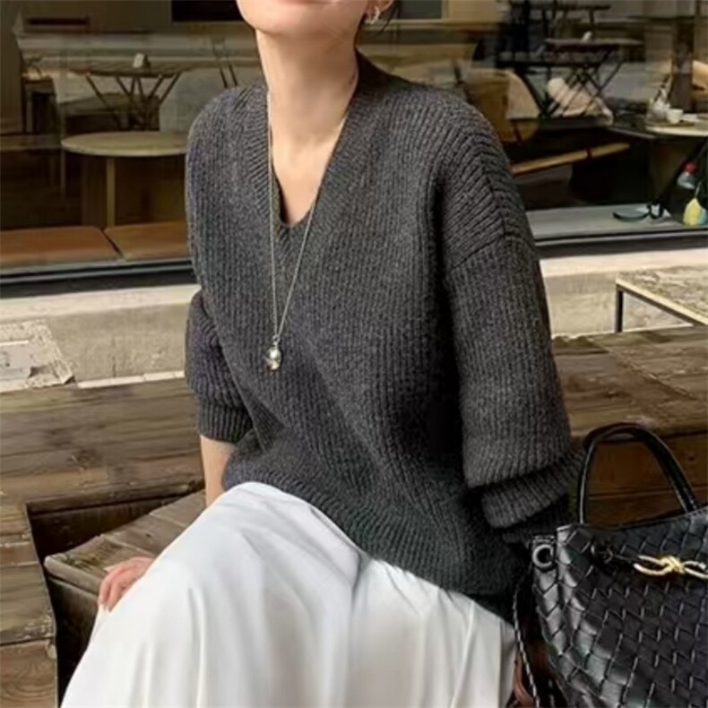 女士秋冬元宝针落肩V领羊毛衫羊毛,女装羊毛衫,旭驰羊绒