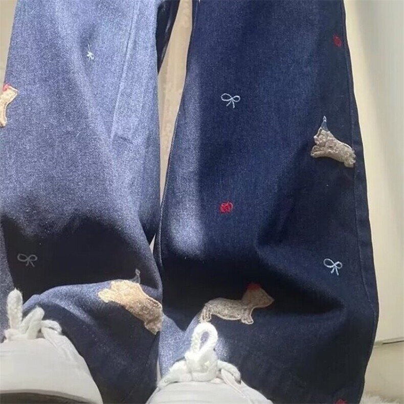 美式复古创意卡通高腰牛仔裤女秋季宽松阔腿设计感休闲百搭长裤子,男装牛仔裤,星座506A