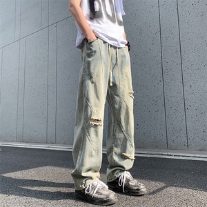 美式高街破洞牛仔裤男夏季潮牌复古宽松阔腿vibe直筒裤90022-p50图片