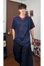 美式复古短袖男款夏季青少年球衣风V领设计感运动条纹T恤重磅半袖，男装T恤，电商A102B