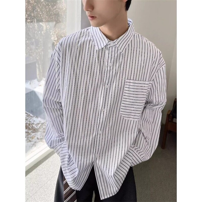 杭州现货时尚竖条纹廓形宽松白衬衫ins男休闲经典款复古百搭衬,男装衬衫,星座218-1（原230）