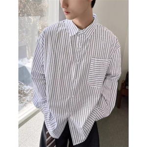 杭州现货时尚竖条纹廓形宽松白衬衫ins男休闲经典款复古百搭衬图片