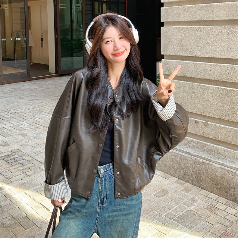 咖色皮衣短外套女春秋2025新款复古立领机车服休闲夹克上衣1391,女装皮衣,欣美人