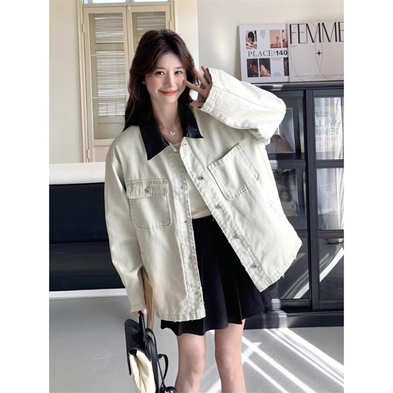 JK8967-P65灰色拼接pu皮领牛仔外套男女秋冬款中性工装褂子,男装工装外套,电商B323A
