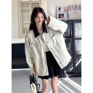 JK8967-P65 灰色拼接pu皮领牛仔外套男女秋冬款中性工装褂子图片