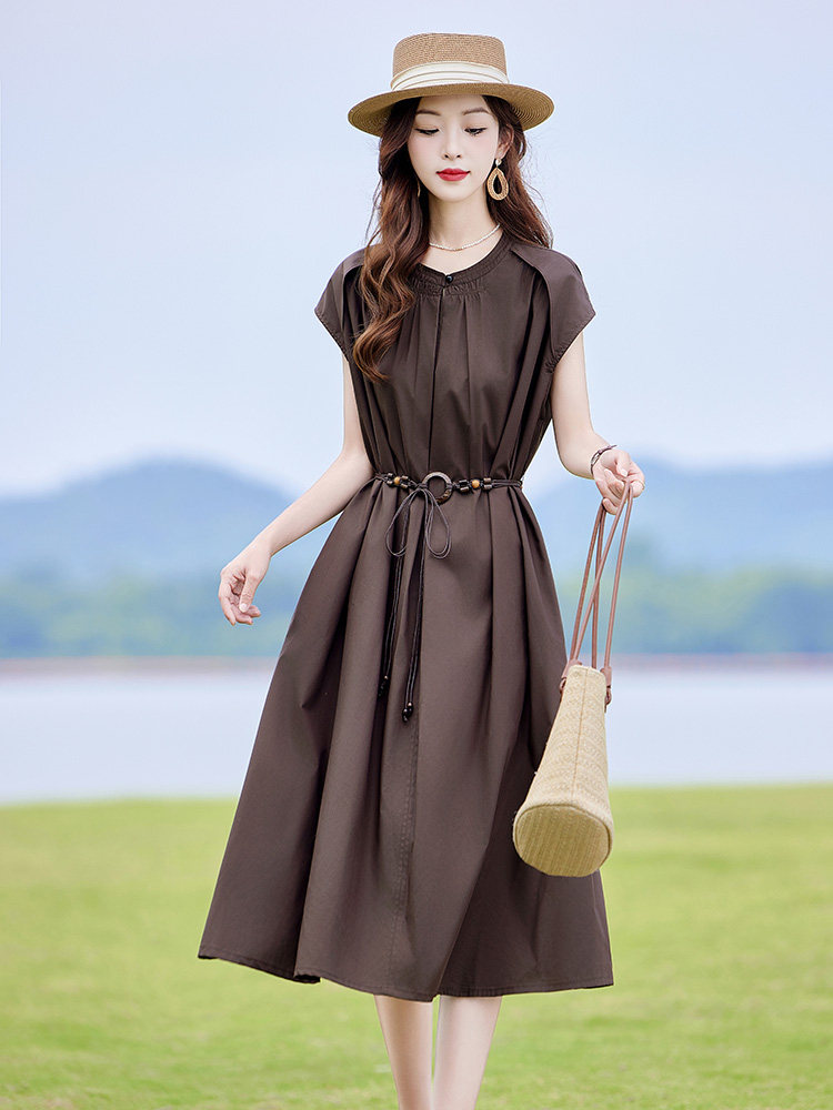 天丝棉连衣裙女夏轻奢高级感时尚洋气收腰遮肚子减龄显瘦衬衫裙子,女装连衣裙,靓衣阁