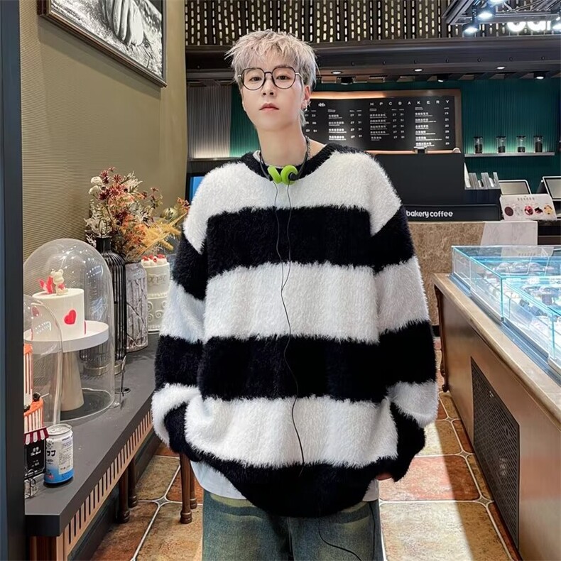 秋冬季貂绒毛衣男套头潮牌ins条纹百搭韩系港风潮流针织衫,男装针织衫/毛衣,星座410-7