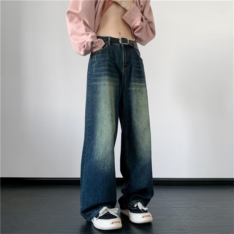 复古牛仔裤男潮牌阔腿裤宽松直筒裤美式高街百搭休闲长裤，男装牛仔裤，星座716-2