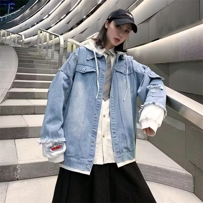 牛仔连帽外套男士春秋季宽松水洗蓝色百搭上衣服个性潮牌情侣夹克图片