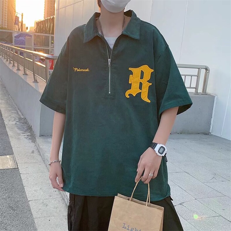 美式复古灯芯绒毛巾绣花POLO衫上衣夏季潮牌宽松衬衫男W2519-P33图片