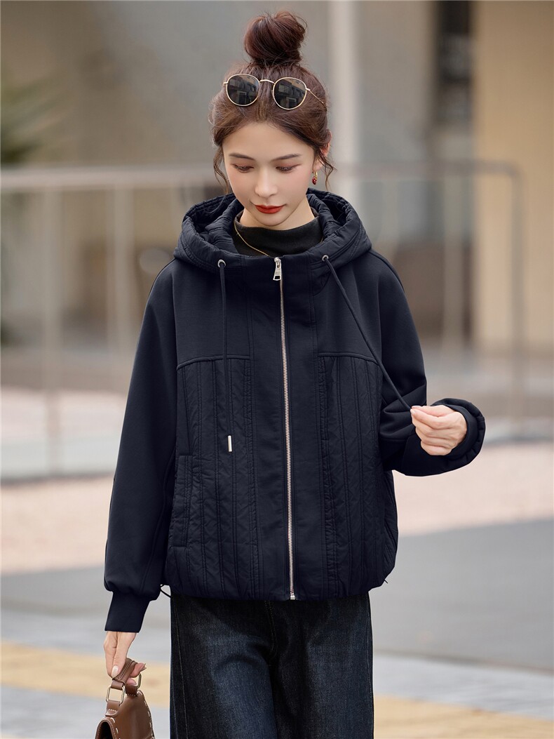 时尚休闲连帽夹棉外套女2025秋冬新款小个子宽松百搭轻薄保暖棉服,女装棉衣/棉服,余墨