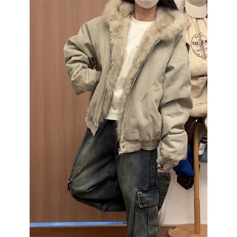 现货高品质美式高街冬季重磅硬挺短款座山雕毛领棉衣男女加厚外套图片