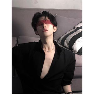 黑色防晒衬衫男款短袖夏季痞帅高级感冰丝衬衣美式高街正肩五分袖图片