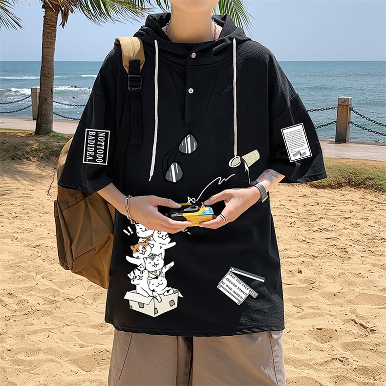 LD54115-P45连帽短袖t恤男大码胖子带帽五分袖中袖,男装T恤,电商A040