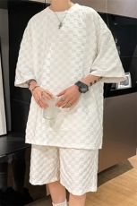 TZ84647/P60夏季新款格子短袖短裤t恤休闲宽松大码两件套套装男，男装休闲套装，电商A141