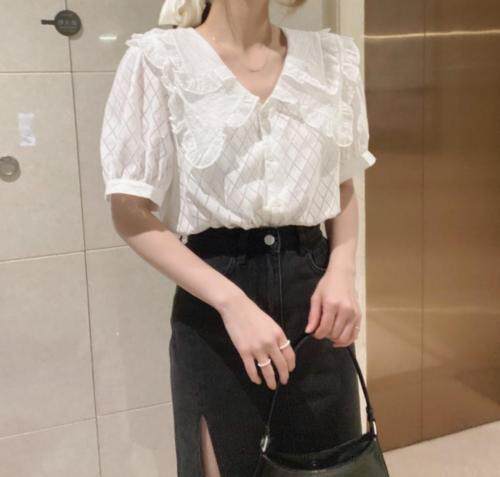 翻边双领菱纹衬衣，女装，新袖