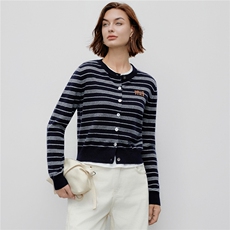 2025新款时尚圆领撞色条纹单排扣山羊绒针织开衫女，女装羊绒衫，阿舍尔精品