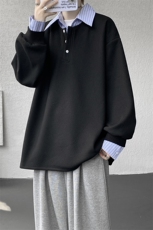 M-8XL假两件撞色polo衬衫翻领卫衣亨利领大码长袖上衣WY5117特P45，男装衬衫，电商B238