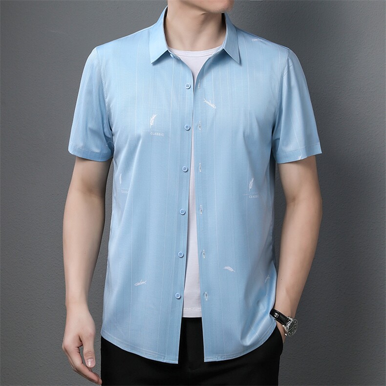 新品2024年夏季男士短袖衬衫翻领印花商务休闲中年爸爸装上衣P68,男装衬衫,钱塘6003A(原)4033A