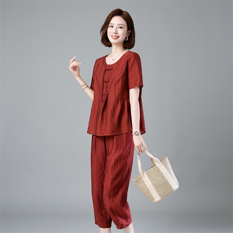 现货2024新款夏季薄款盘扣小众设计圆领休闲时尚套装两件套,女装套装/套裙,深水步