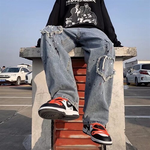 美式高街复古男嘻哈泼墨爱心贴布牛仔裤P33，男装牛仔裤，星座1116-2