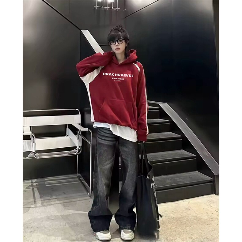 抖音得物品质 美式高街宽松结构拼接撞色连帽印花卫衣外套AW13303图片