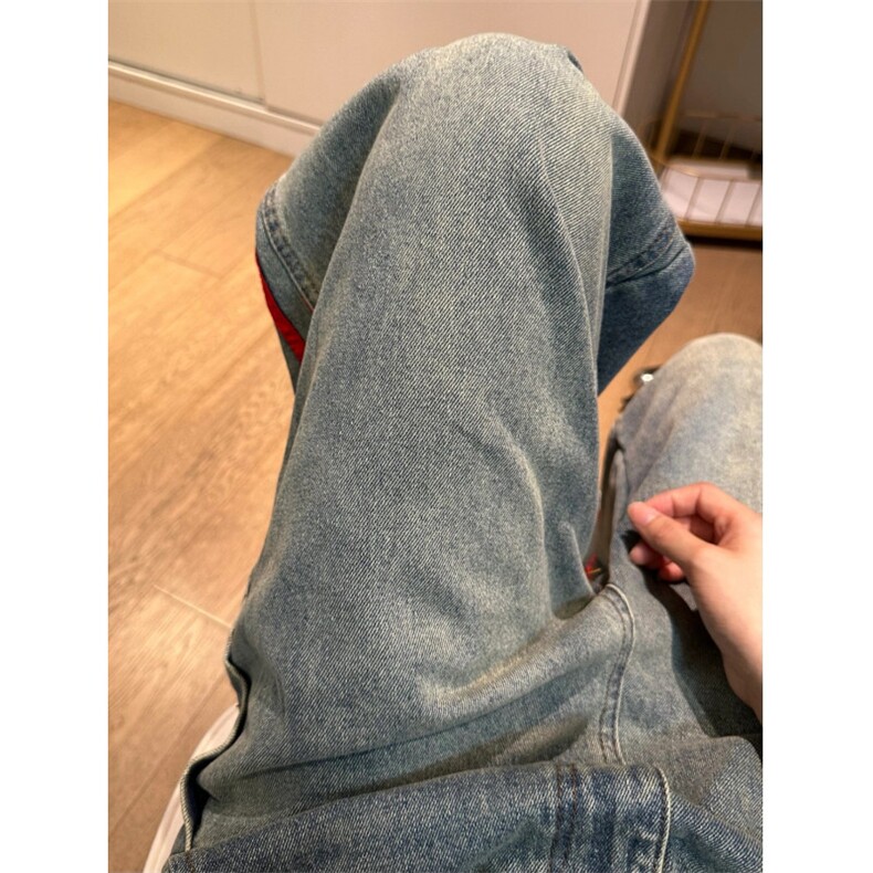 【有货】红色三条杠条纹牛仔裤男宽松直筒阔腿裤子G8512LL-特P55,男装牛仔裤,星座1007（原301D）