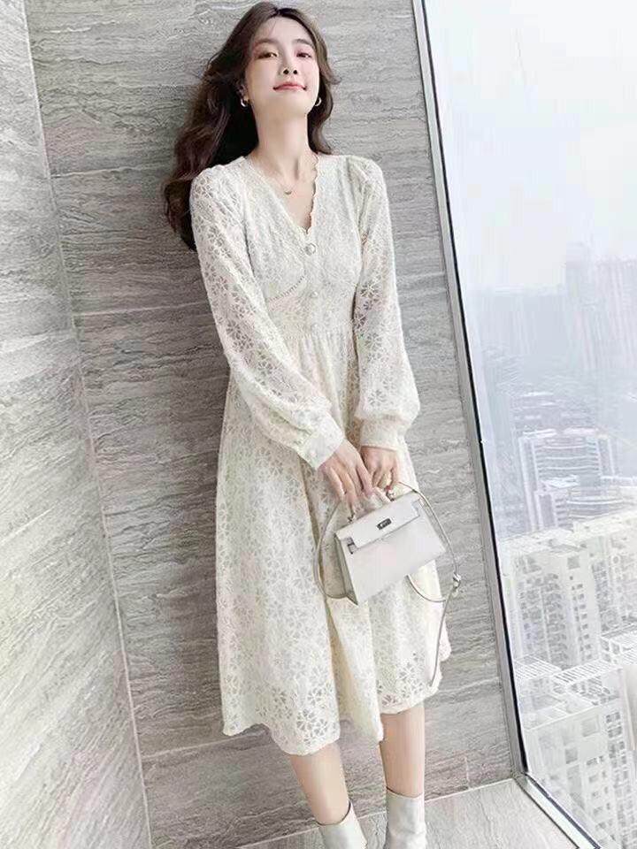 秋冬新款收腰甜美气质高雅淑女连衣裙，女装连衣裙，荷塘月色