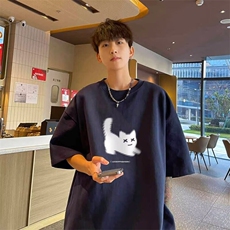 100%纯棉美式新款小个子慵懒风小猫印花五分袖男短袖t恤宽松ins潮，男装T恤，星座1210-1