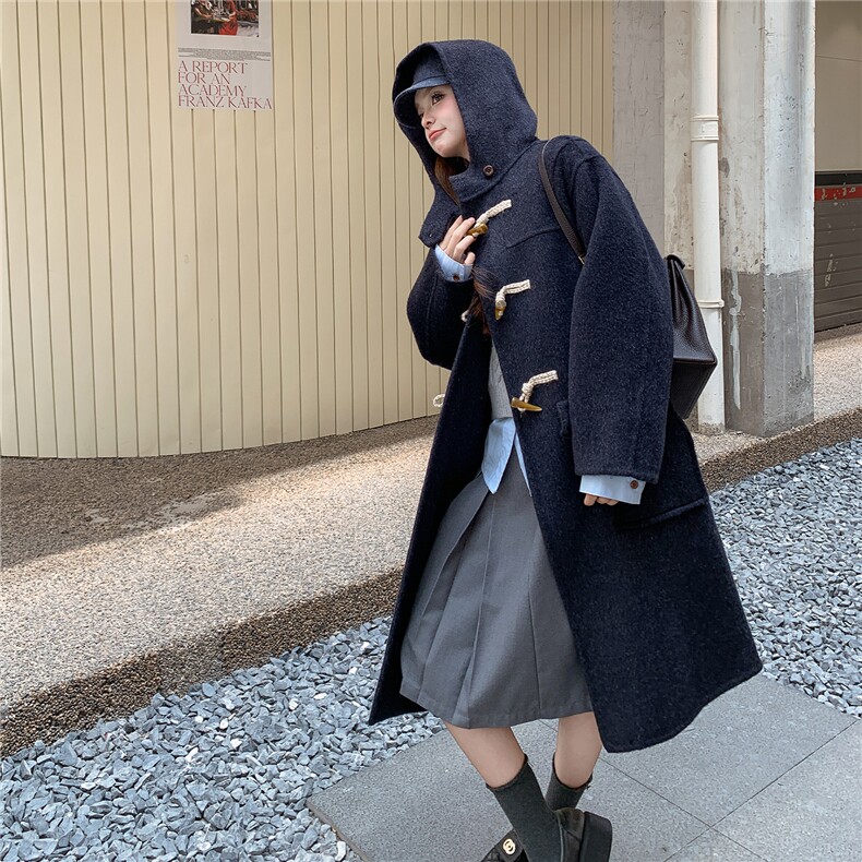 藏青色牛角扣双面呢羊毛大衣女秋冬2025新款高级感独特巨好看外套,女装毛呢外套,2C209