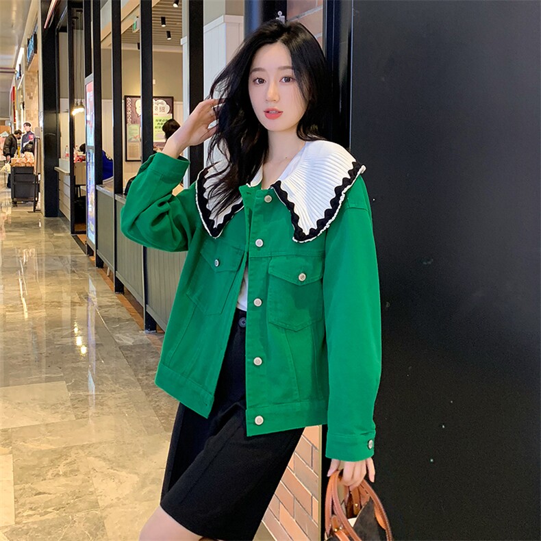 2022年春季牛仔外套女廓形简约荷叶边百搭气质夹克长袖纯色外套,女装短外套,梦懿尔