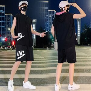 夏季情侣装青少年纯棉宽松无袖T恤连帽运动背心套装男 TZ267-P60图片 夏季情侣装青少年纯棉宽松无袖T恤连帽运动背心套装男 TZ267-P60图片